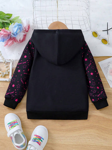 Young Girls Cartoon Graphic Hooded Light Zip-Up Bomber Jacket, Children Spring/Autumn Outdoor Sport Tops