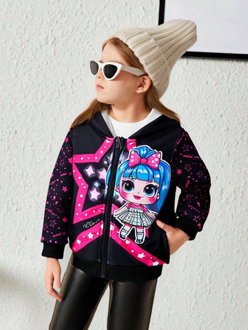 Young Girls Cartoon Graphic Hooded Light Zip-Up Bomber Jacket, Children Spring/Autumn Outdoor Sport Tops