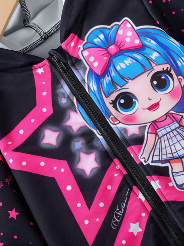Young Girls Cartoon Graphic Hooded Light Zip-Up Bomber Jacket, Children Spring/Autumn Outdoor Sport Tops