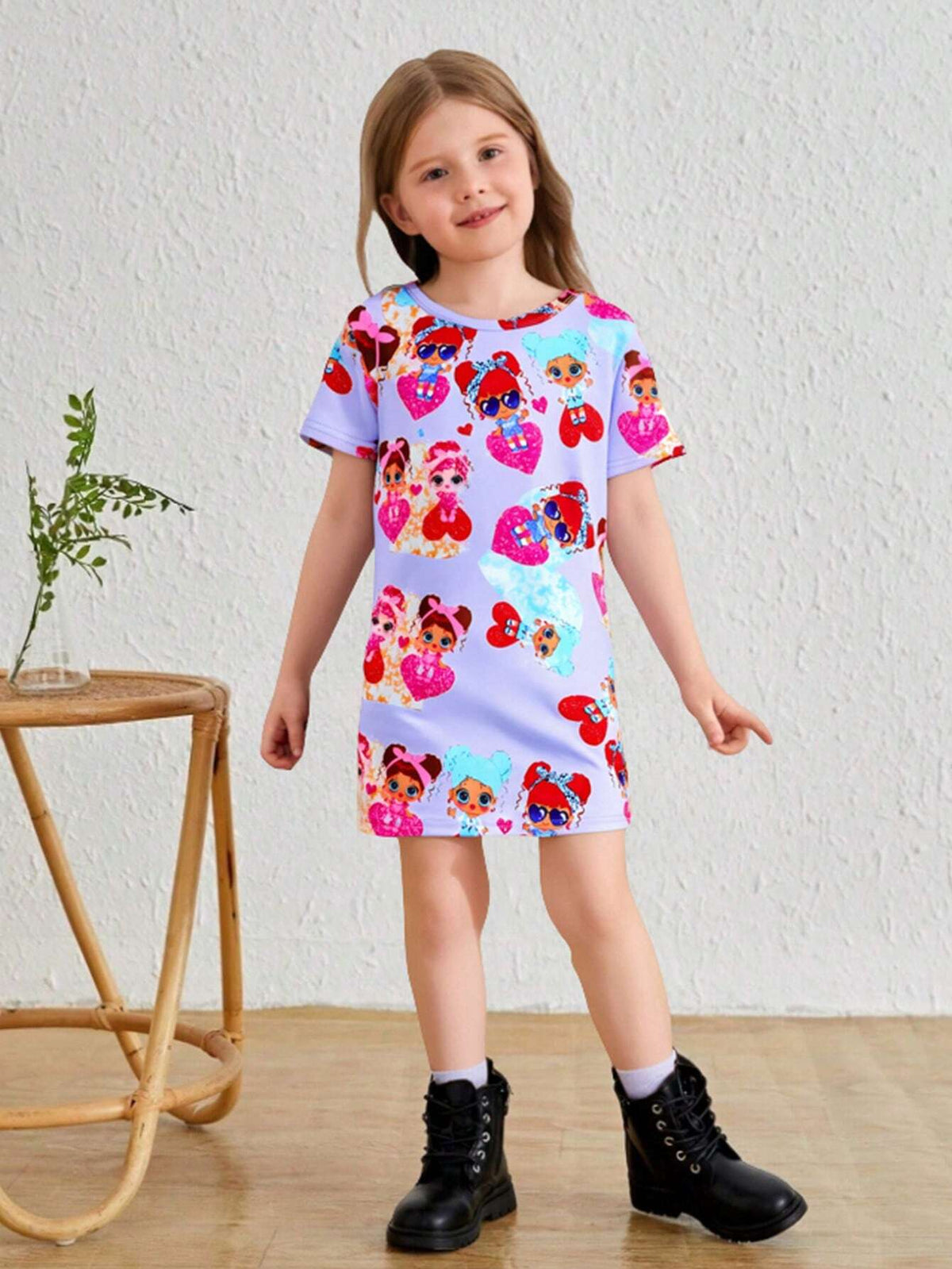 Young Girls' Cartoon Print Comfortable Round Neck Short Sleeve T-Shirt Dress, Children Outdoor Casual Vacation Mid-Length Dress, Summer
