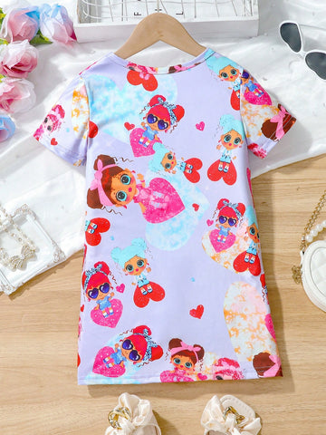 Young Girls' Cartoon Print Comfortable Round Neck Short Sleeve T-Shirt Dress, Children Outdoor Casual Vacation Mid-Length Dress, Summer