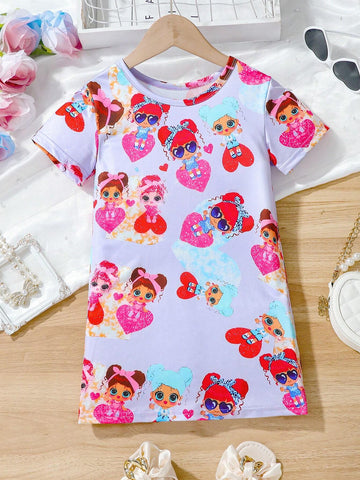 Young Girls' Cartoon Print Comfortable Round Neck Short Sleeve T-Shirt Dress, Children Outdoor Casual Vacation Mid-Length Dress, Summer
