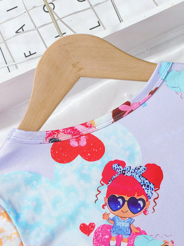 Young Girls' Cartoon Print Comfortable Round Neck Short Sleeve T-Shirt Dress, Children Outdoor Casual Vacation Mid-Length Dress, Summer