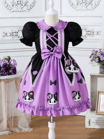 Young Girls' Cartoon Print Dress With Bow Decoration, Doll Collar And Short Bubble Sleeves