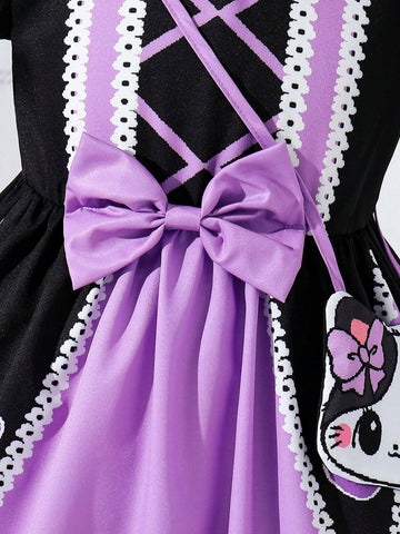 Young Girls' Cartoon Print Dress With Bow Decoration, Doll Collar And Short Bubble Sleeves