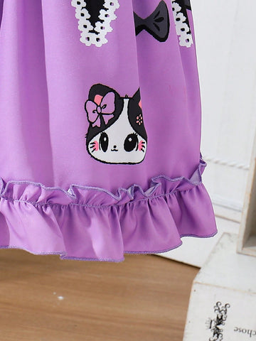 Young Girls' Cartoon Print Dress With Bow Decoration, Doll Collar And Short Bubble Sleeves