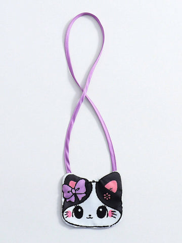 Young Girls' Cartoon Print Dress With Bow Decoration, Doll Collar And Short Bubble Sleeves