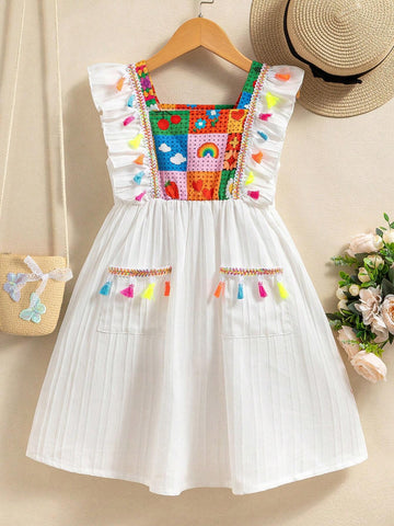 Young Girls' Cartoon Print Square Neck Sleeveless Dress