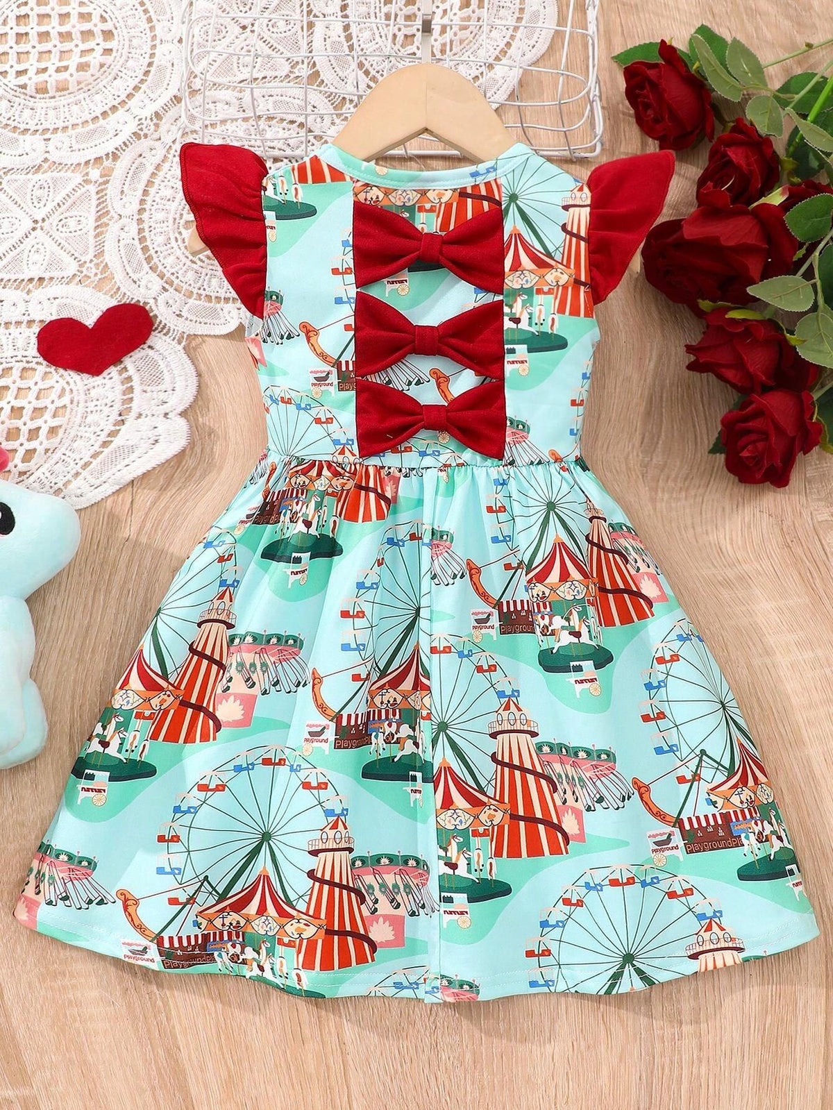 Young Girl's Cartoon Printed Short Sleeve Dress With 3 Bows And Flying Sleeves