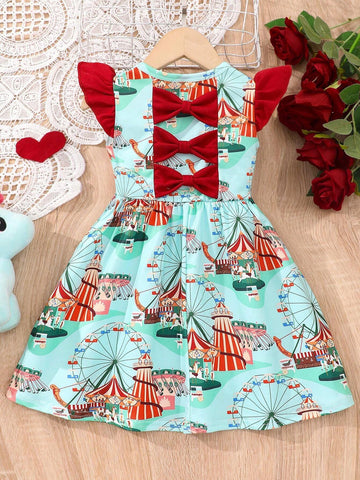 Young Girl's Cartoon Printed Short Sleeve Dress With 3 Bows And Flying Sleeves