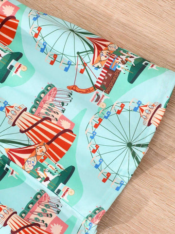Young Girl's Cartoon Printed Short Sleeve Dress With 3 Bows And Flying Sleeves
