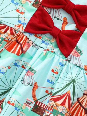 Young Girl's Cartoon Printed Short Sleeve Dress With 3 Bows And Flying Sleeves