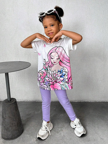 Young Girls' Cartoon Printed Short Sleeve Top And Solid Color Pants Casual Summer Outfit, 2pcs/Set