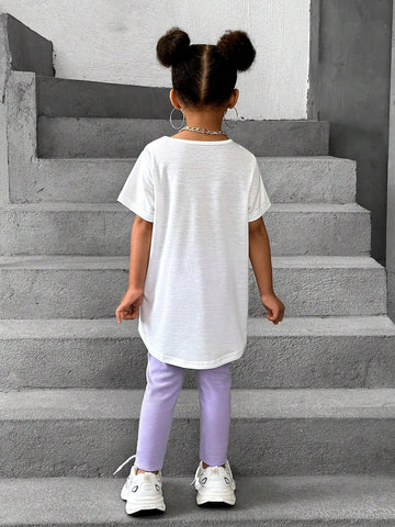 Young Girls' Cartoon Printed Short Sleeve Top And Solid Color Pants Casual Summer Outfit, 2pcs/Set