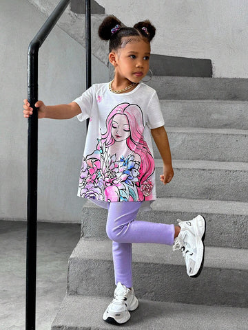 Young Girls' Cartoon Printed Short Sleeve Top And Solid Color Pants Casual Summer Outfit, 2pcs/Set