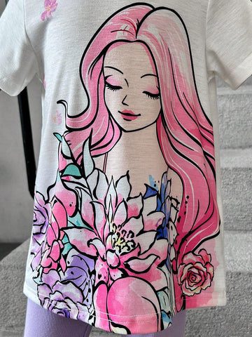 Young Girls' Cartoon Printed Short Sleeve Top And Solid Color Pants Casual Summer Outfit, 2pcs/Set