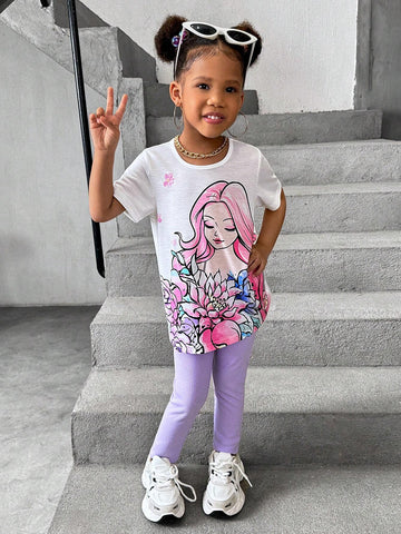 Young Girls' Cartoon Printed Short Sleeve Top And Solid Color Pants Casual Summer Outfit, 2pcs/Set