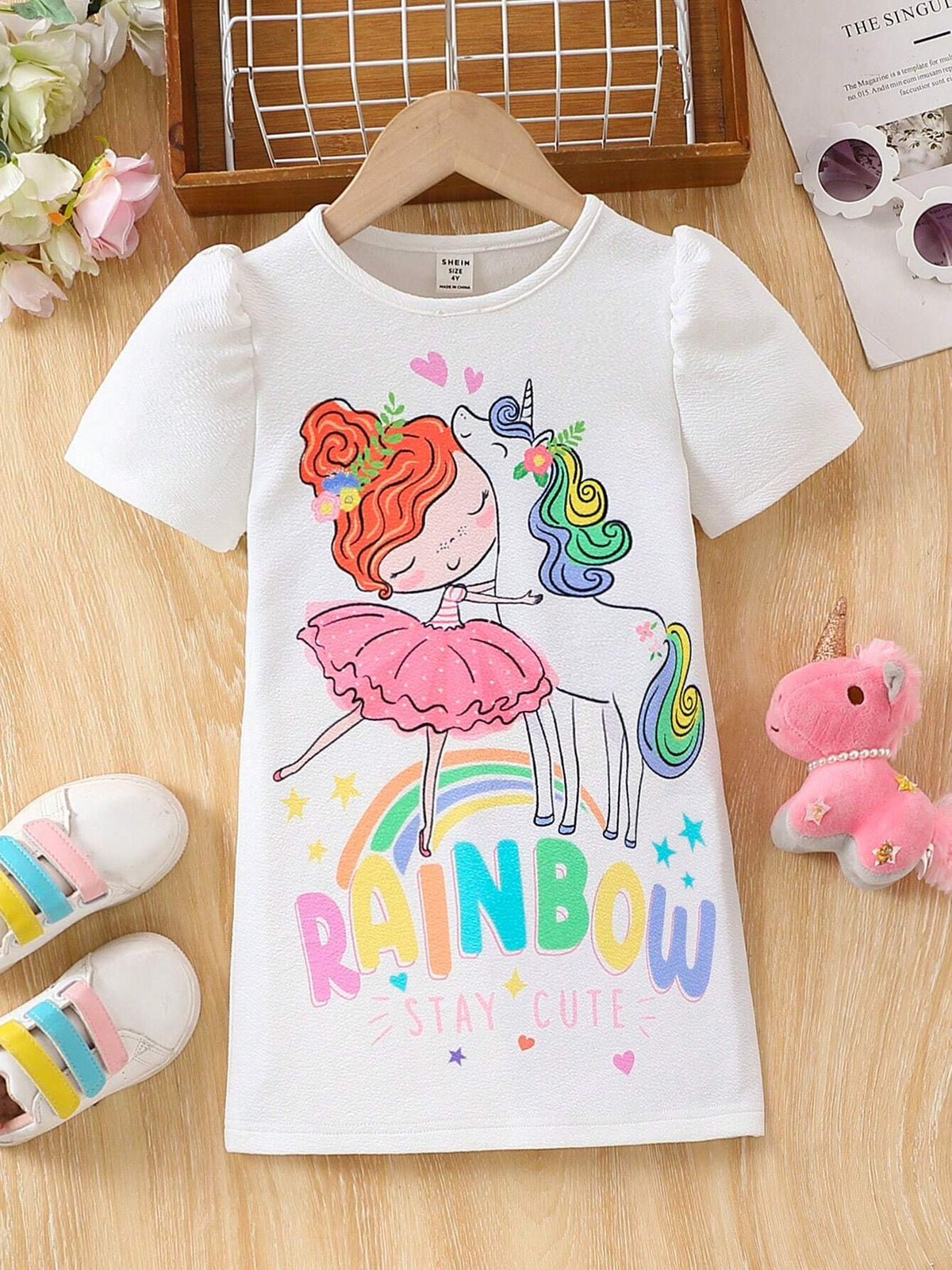 Young Girls' Cartoon Unicorn Printed Bubble Sleeve Dress
