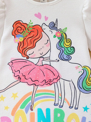 Young Girls' Cartoon Unicorn Printed Bubble Sleeve Dress