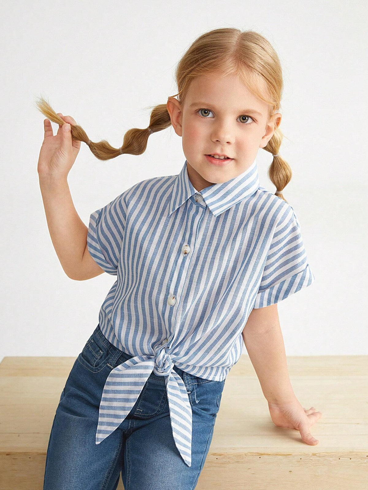 Young Girl's Casual-Fit Drop-Shoulder Minimalist Striped Shirt With Tie Straps