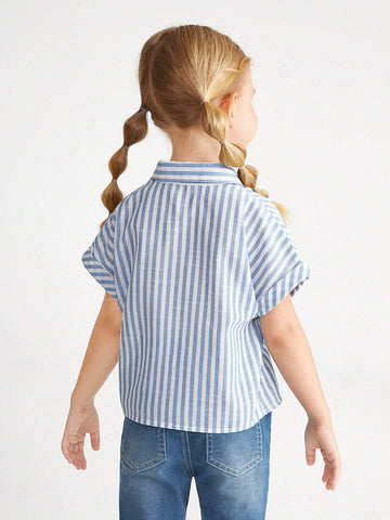 Young Girl's Casual-Fit Drop-Shoulder Minimalist Striped Shirt With Tie Straps