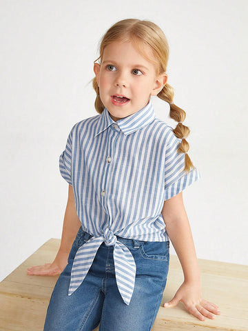 Young Girl's Casual-Fit Drop-Shoulder Minimalist Striped Shirt With Tie Straps
