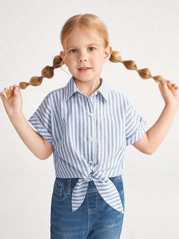 Young Girl's Casual-Fit Drop-Shoulder Minimalist Striped Shirt With Tie Straps