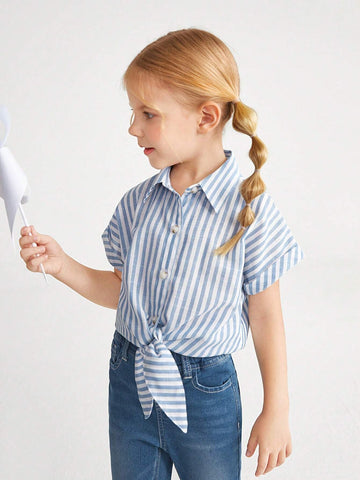 Young Girl's Casual-Fit Drop-Shoulder Minimalist Striped Shirt With Tie Straps