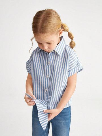 Young Girl's Casual-Fit Drop-Shoulder Minimalist Striped Shirt With Tie Straps