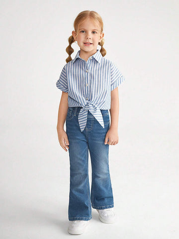 Young Girl's Casual-Fit Drop-Shoulder Minimalist Striped Shirt With Tie Straps