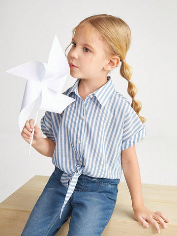 Young Girl's Casual-Fit Drop-Shoulder Minimalist Striped Shirt With Tie Straps