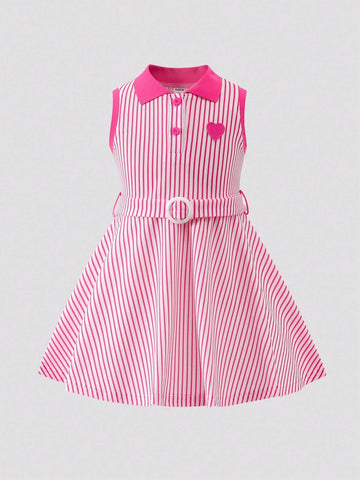 Young Girls' Casual/Commuting/College Striped Polo Collar Sleeveless Dress