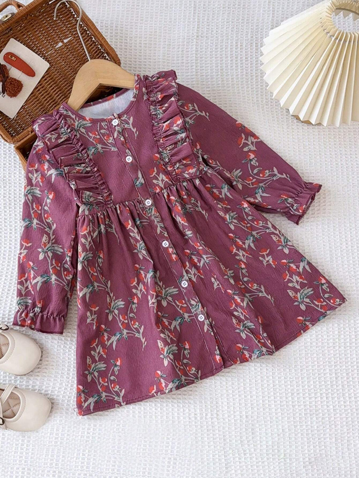 Young Girls Casual All Over Print Long Corduroy Sleeved Dress For Autumn