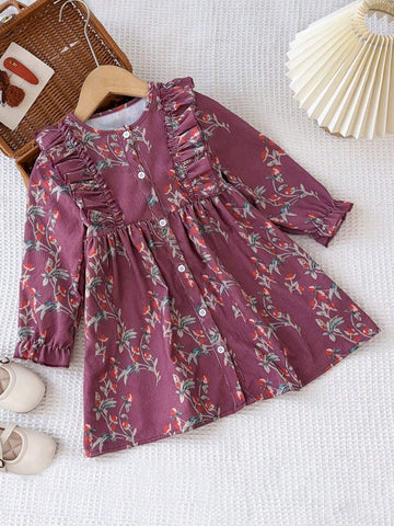 Young Girls Casual All Over Print Long Corduroy Sleeved Dress For Autumn
