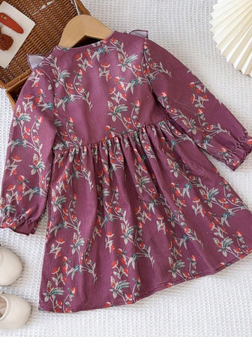 Young Girls Casual All Over Print Long Corduroy Sleeved Dress For Autumn