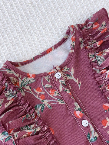 Young Girls Casual All Over Print Long Corduroy Sleeved Dress For Autumn