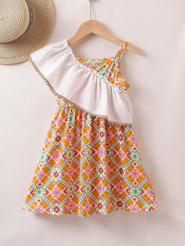 Young Girls' Casual And Comfortable Printed Asymmetric Dress With Patchwork And Ruffled Hem, Perfect For Summer Vacation