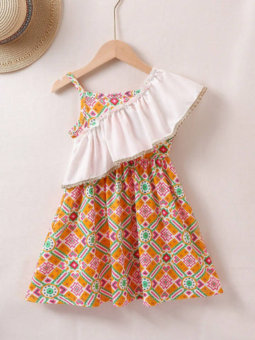 Young Girls' Casual And Comfortable Printed Asymmetric Dress With Patchwork And Ruffled Hem, Perfect For Summer Vacation