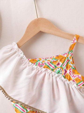 Young Girls' Casual And Comfortable Printed Asymmetric Dress With Patchwork And Ruffled Hem, Perfect For Summer Vacation