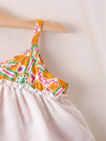 Young Girls' Casual And Comfortable Printed Asymmetric Dress With Patchwork And Ruffled Hem, Perfect For Summer Vacation