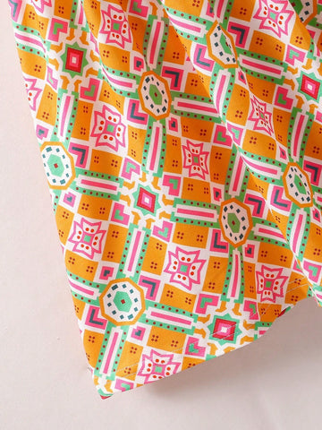 Young Girls' Casual And Comfortable Printed Asymmetric Dress With Patchwork And Ruffled Hem, Perfect For Summer Vacation