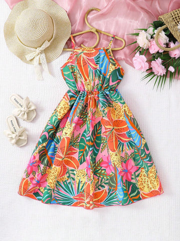 Young Girls' Casual And Comfortable Printed Spaghetti Strap Sun Dress For Summer Vacation