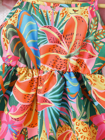 Young Girls' Casual And Comfortable Printed Spaghetti Strap Sun Dress For Summer Vacation