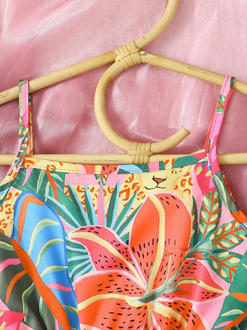 Young Girls' Casual And Comfortable Printed Spaghetti Strap Sun Dress For Summer Vacation