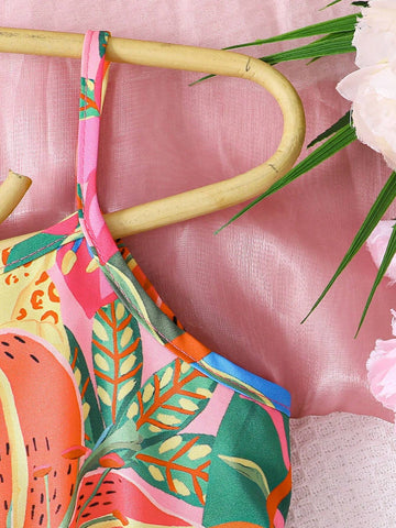 Young Girls' Casual And Comfortable Printed Spaghetti Strap Sun Dress For Summer Vacation