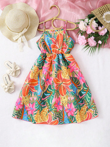 Young Girls' Casual And Comfortable Printed Spaghetti Strap Sun Dress For Summer Vacation