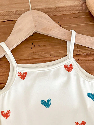 Young Girl's Casual And Cute Cartoon Multicolor Heart Pattern White Spaghetti Strap Midi Dress, Summer