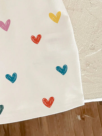 Young Girl's Casual And Cute Cartoon Multicolor Heart Pattern White Spaghetti Strap Midi Dress, Summer