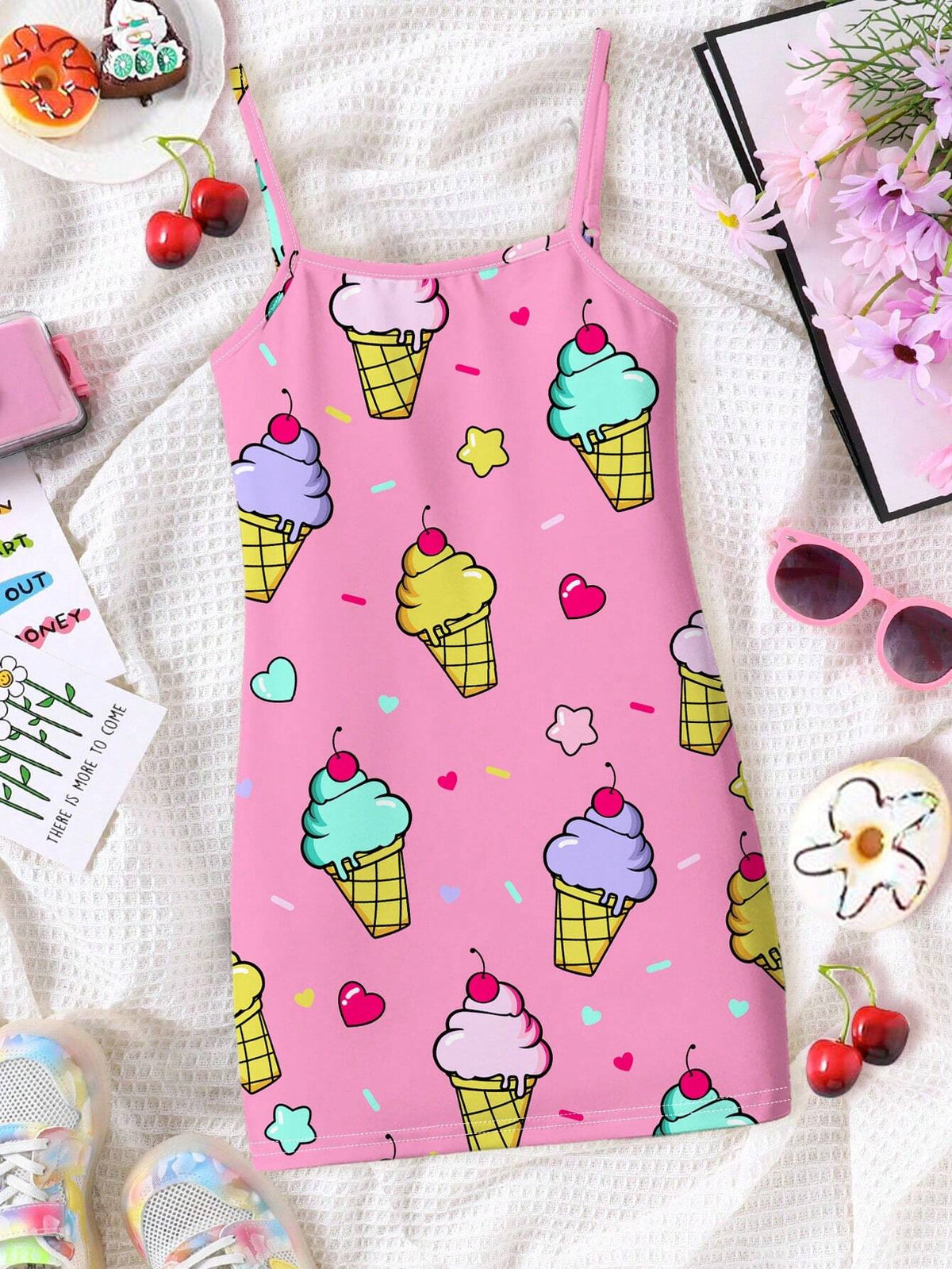 Young Girl's Casual And Cute Cherry Ice Cream Heart Printed Cartoon Suspenders Midi Dress, Suitable For Summer