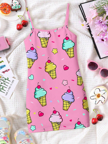 Young Girl's Casual And Cute Cherry Ice Cream Heart Printed Cartoon Suspenders Midi Dress, Suitable For Summer